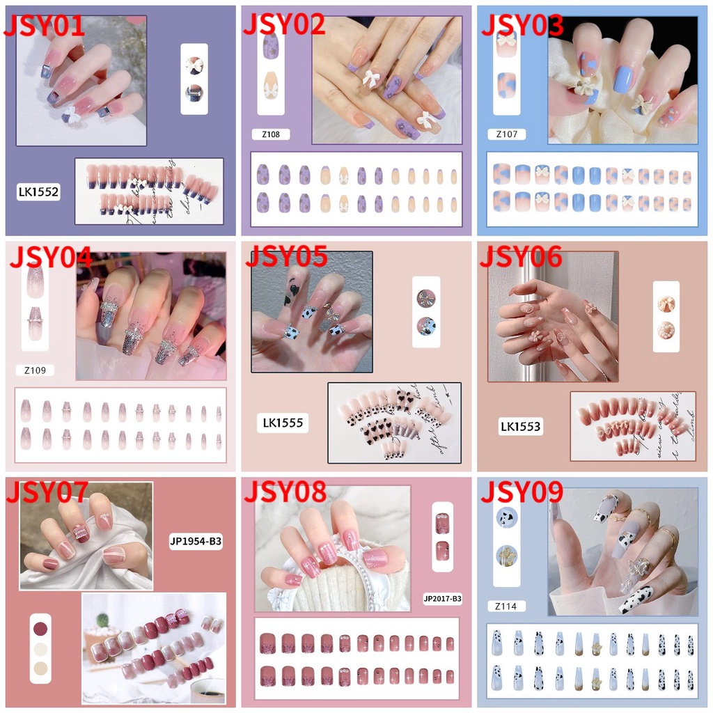Set 24 Móng Tay Giả Dáng Dài In Họa Tiết Thời Trang Dễ Thương /  móng tay giả kèm keo / móng tay giả đính đá