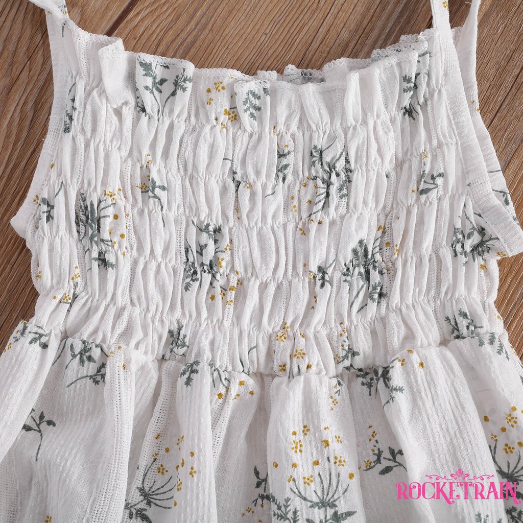 Set 2 Món Áo Liền Quần Họa Tiết Hoa + Băng Đô Nơ Cho Bé Gái