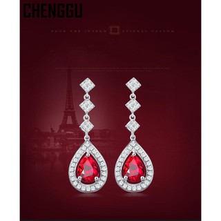 Bông Tai Bạc 925 Đính Đá Ruby Hình Giọt Nước Màu Đỏ Cho Nữ