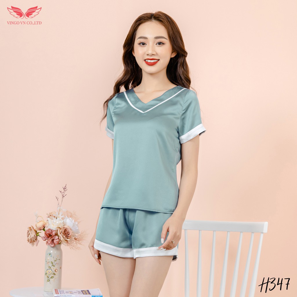 VINGO Bộ Đồ Mặc Nhà Nữ Lụa Hàn Trơn Kiểu Pyjama Tay Cộc Quần Cộc Cổ V H347 VNGO - TCQC