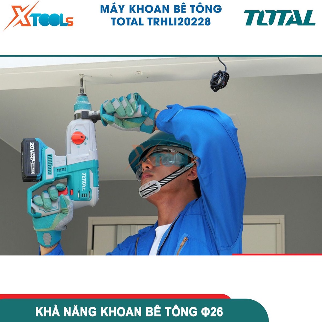 Máy khoan pin đục bê tông TOTAL TRHLI20228 20V mô tơ không chổi than, đầu gài SDS, khoan tối đa 26mm- CHÍNH HÃNG-XTOOLS