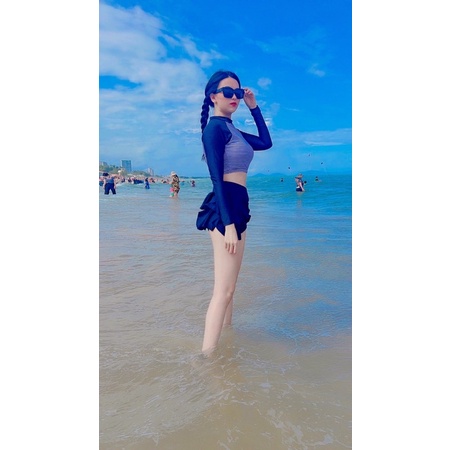 CÓ SIZE, Bikini đi biển áo váy chống nắng- đồ bơi nữ kín đáo tay dài sọc tay đen
