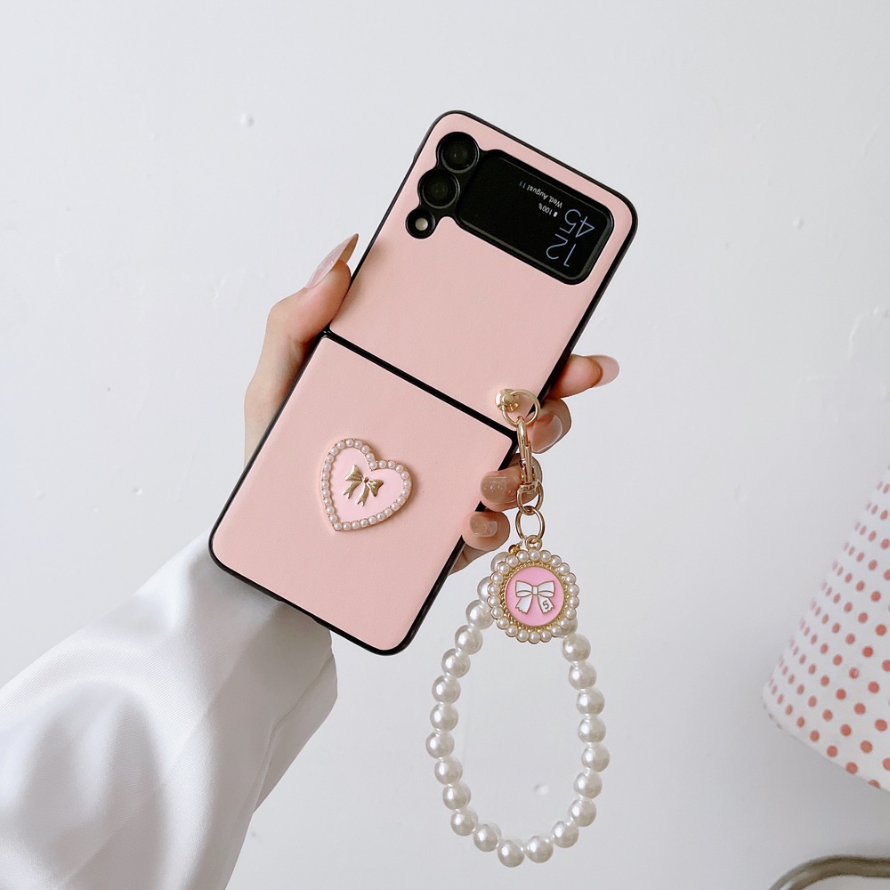 Ốp điện thoại HOCE da PU họa tiết trái tim 3D phối chuỗi ngọc trai giả cho samsung galaxy zflip5 z flip 3 z flip 4 5g