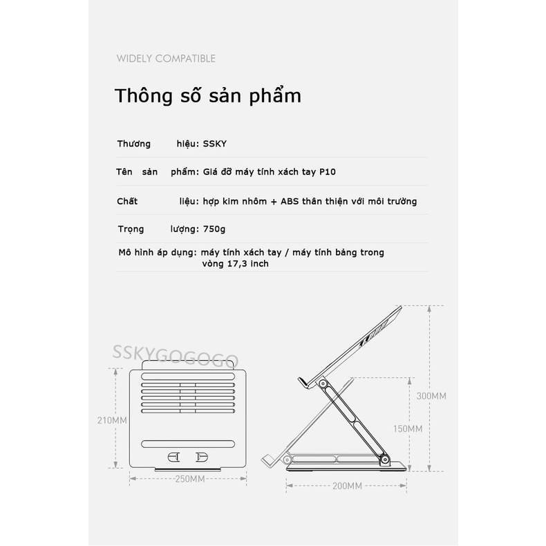 Giá đỡ máy tính xách tay SSKY, giá đỡ máy tính bảng, bộ lưu trữ có thể gập lại, 2 vị trí có thể điều chỉnh 180 °