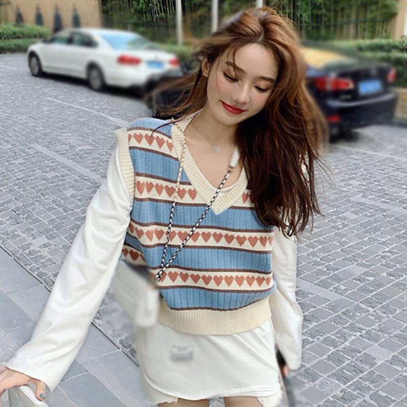 Áo Len Nữ Không Tay Cổ Chữ V In Hình Trái Tim Thời Trang