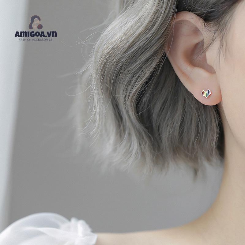 ✨✨Bông Tai Mạ Bạc 925 Hình Trái Tim Màu Cầu Vồng Thiết Kế Đơn Giản Cá Tính