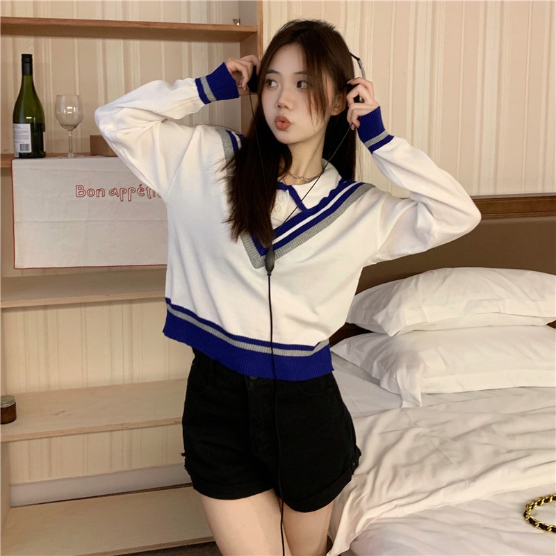 Áo len ZHELIHANGFEI tay dài dáng rộng cổ bẻ giả hai lớp dễ phối đồ thời trang