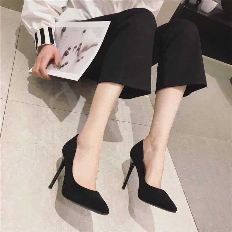 Giày Cao Gót Mũi nhọn, Giầy Da Lộn Gót 7p-9p màu đen dễ phối đồ, đi lên chắc chân