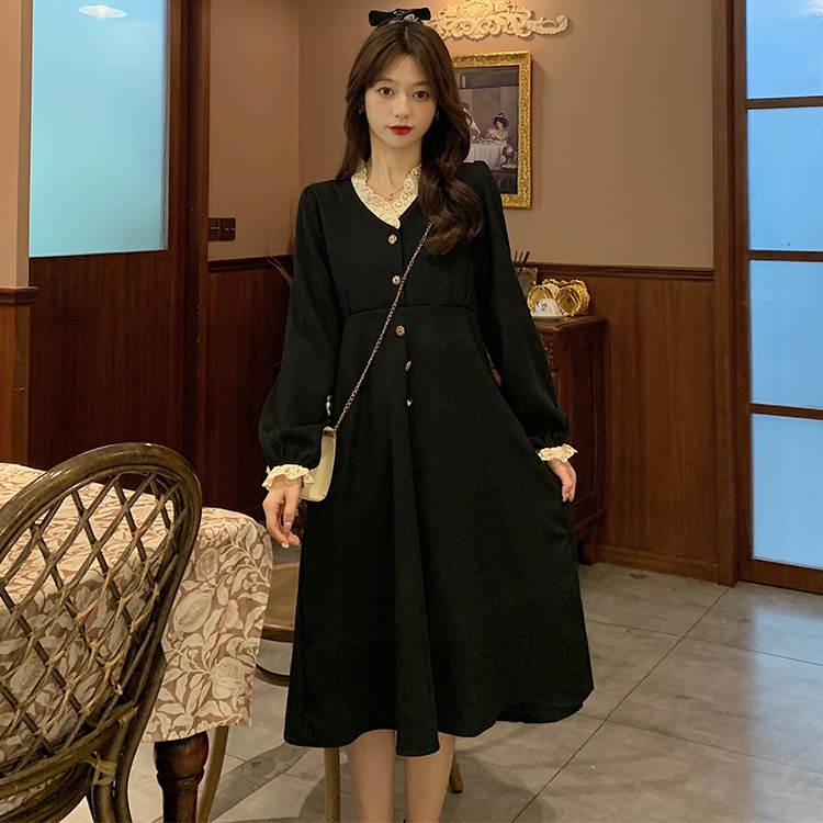 Đầm midi SUXI tay dài cổ chữ V phong cách Hàn Quốc xinh xắn dành cho nữ