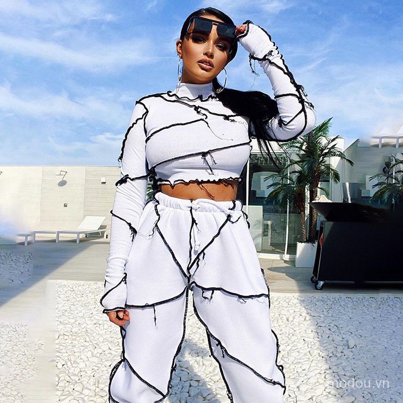 Set đồ 2 món gồm áo thun crop top tay dài phối ren + quần dài thời trang cho nữ