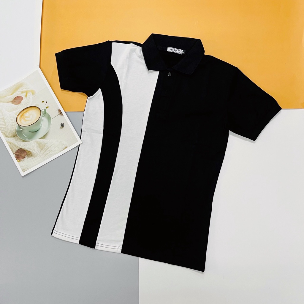 Áo thun nam ngắn tay POLO phối trắng đen basic đơn giản vải cotton giãn bốn chiều tay ngắn VBSHOP00378