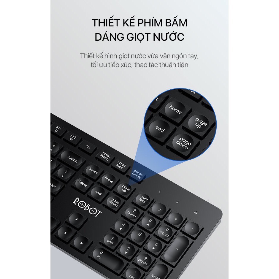 Combo Bàn phím cơ và chuột quang không dây ROBOT KM4000_ Chuột Tĩnh Âm kết nối không dây 20 mét độ phân giải 1600DPI