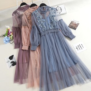 (Sẵn xanh) M124 - Đầm Ulzzang cổ trụ viền hoa lưới phối ren tay bồng hấp dẫn (6 màu)