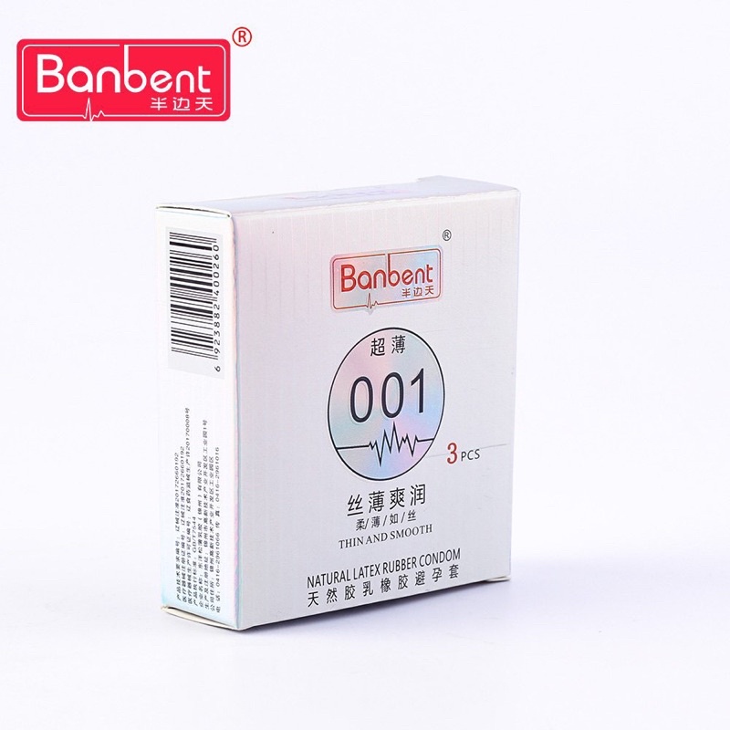 Bao cao su BANBENT 001 thin and smooth siêu mỏng, gốc nước, nhiều gel, hương thơm Hộp 3 bcs