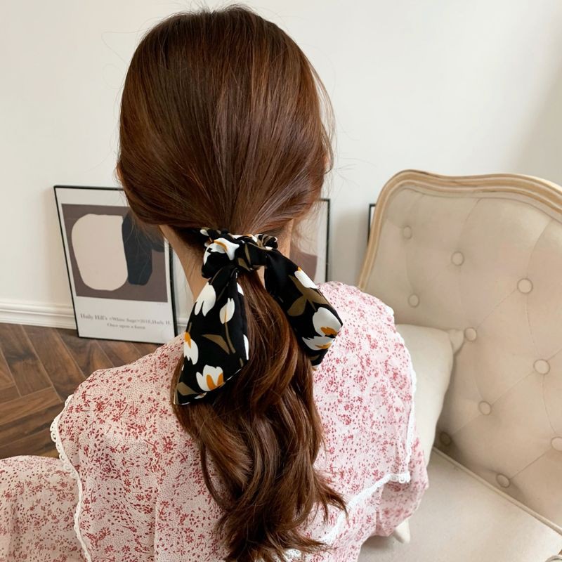 Dây Cột tóc vải Scrunchies thắt nơ dài họa tiết