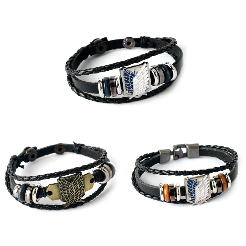 Vòng Tay Dây Da Bện Nhiều Lớp Mặt Kim Loại Khắc Hình Attack on Titan