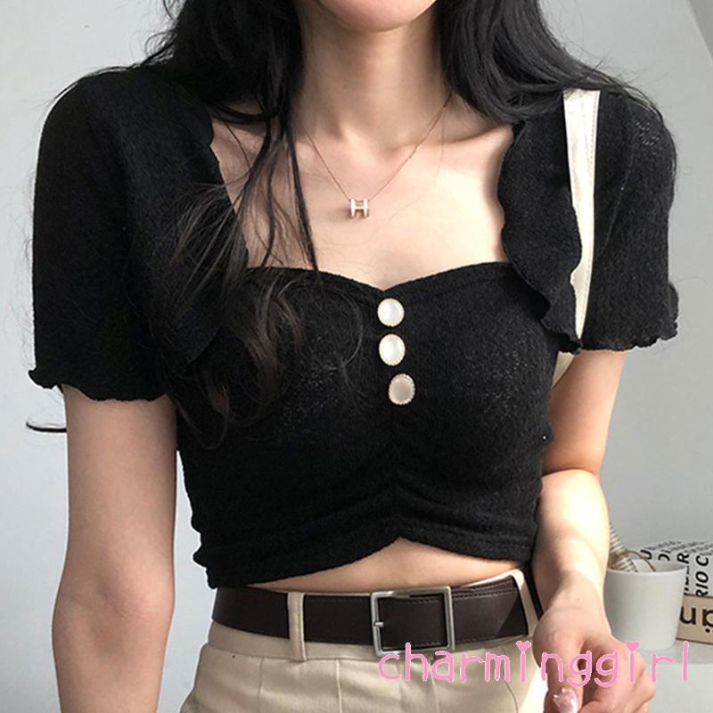 Set Áo Croptop Hai Dây + Áo Khoác Tay Ngắn Màu Trơn Phối Nút Thời Trang Cho Nữ