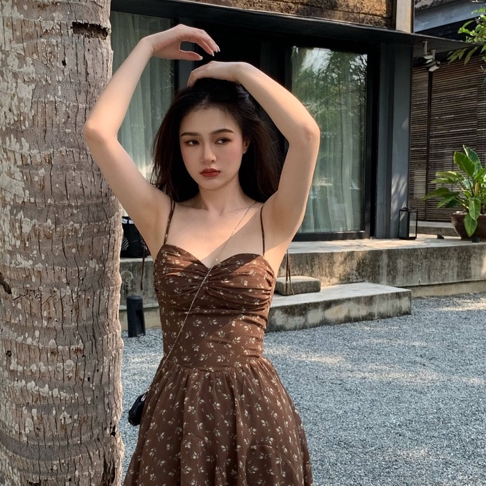 [MURIOKI] Đầm Chữ A Không Tay Hở Lưng Cổ Chữ V In Họa Tiết Hoa Phong Cách Hàn Quốc Dành Cho Nữ