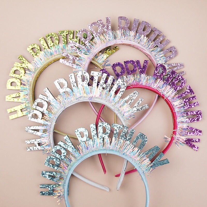 Bờm băng đô cài tóc kim tuyến lấp lánh gắn chữ happy birthday sinh nhật sang trọng
