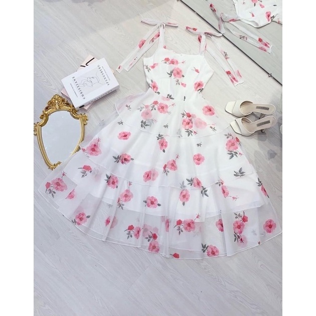 Đầm xoè 3 tầng voan hoa 2 dây siêu xinh