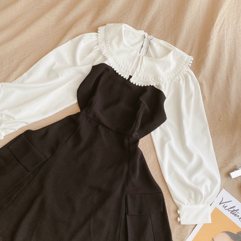 ĐẦM ĐEN PHỐI TAY CỔ PETER TẦNG TRẮNG