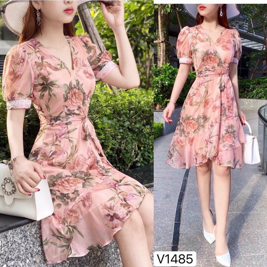 Váy Nữ Lụa Hoa Cổ V Cột Dây Eo Thời Trang Dạo Phố Sang Trọng