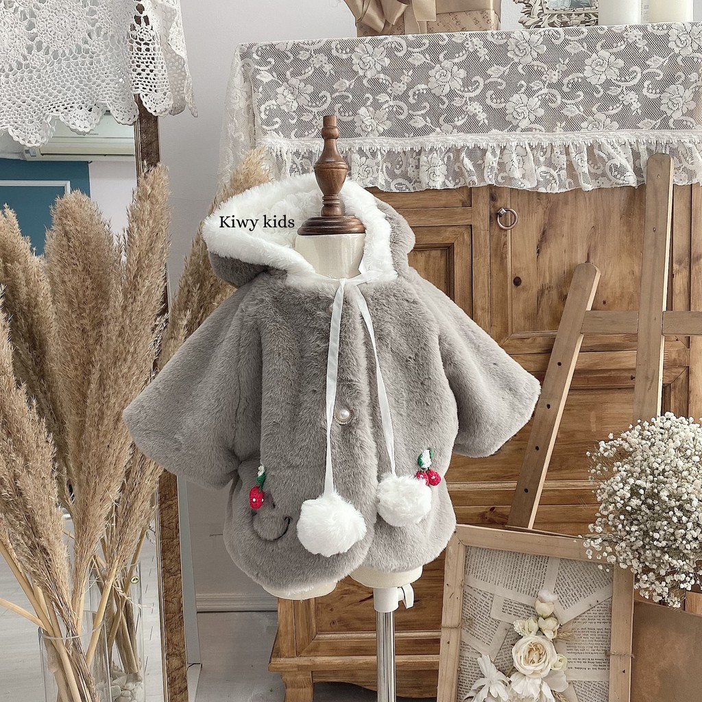 Áo khoác lông mềm KIWY KIDS43 đính quả cherry cho bé 8-18kg