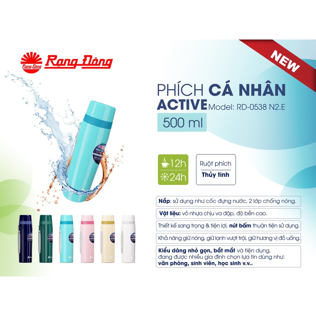 Bình Giữ Nhiệt Rạng Đông 500ml Vỏ Bình Pe Chắc Chăn, Lõi Bình Thủy Tinh An Toàn RD-0538 N2.E