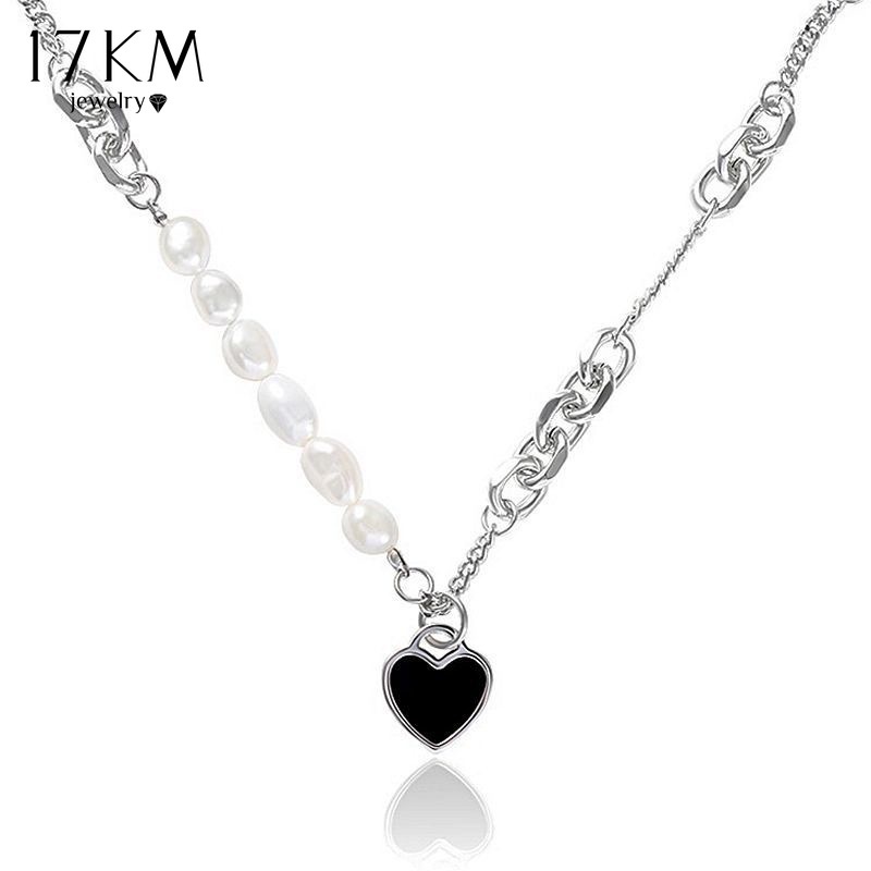 Vòng cổ 17KM Y2K mạ bạc mặt hình trái tim đính ngọc trai giả thời trang