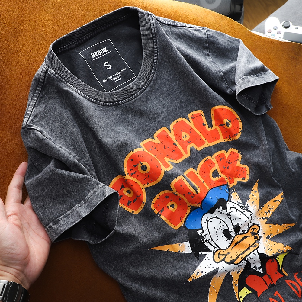 Áo thun nam cổ tròn HEBOZ wash acid Do.nald vải cotton dày dặn, in hình cao cấp 2M - 00001232