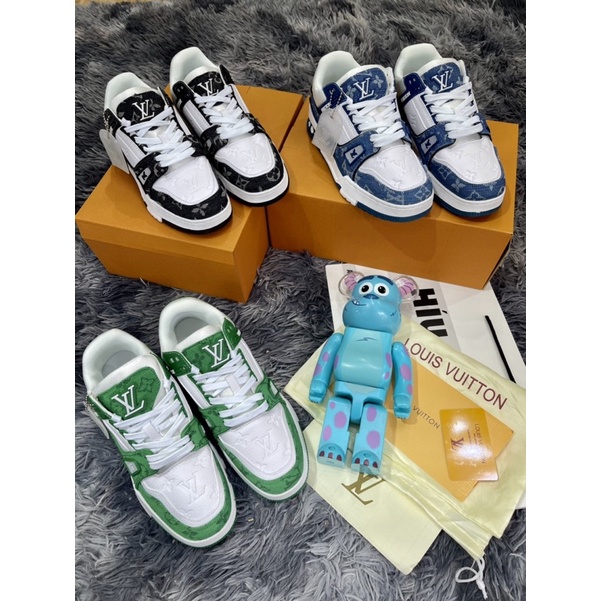 Giầy Thể Thao Louis Vuitton LV Trainer Monogram Denim White Green Xanh Trắng -Vải Bò- Đen Best Siêu Cấp Dế Khâu
