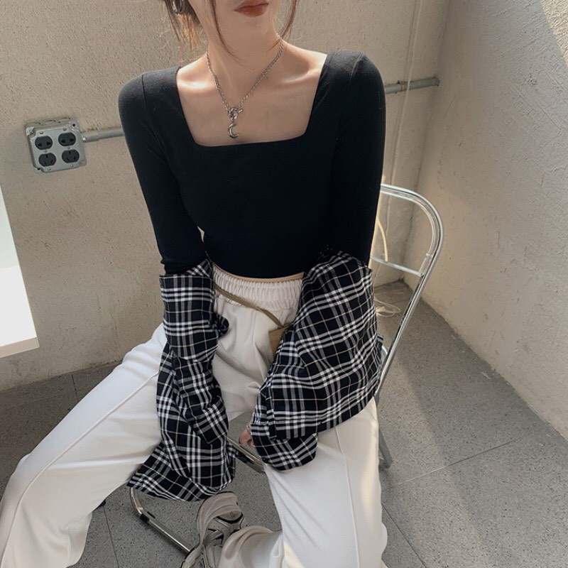 Áo croptop thun trơn cổ vuông form ôm dài tay - Hàng nhập khẩu