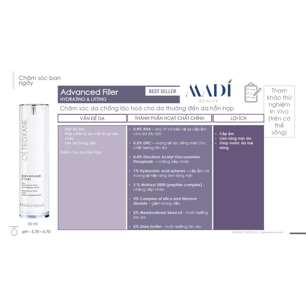 Kem Dưỡng Cho Da Dầu - Hỗn Hợp, Kem dưỡng ẩm Teoxane Advanced Filler Normal to Combination Skin  - Hàng Công Ty