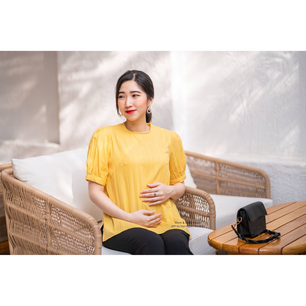 EVERMOM | Áo bầu ren vàng tay bo phồng