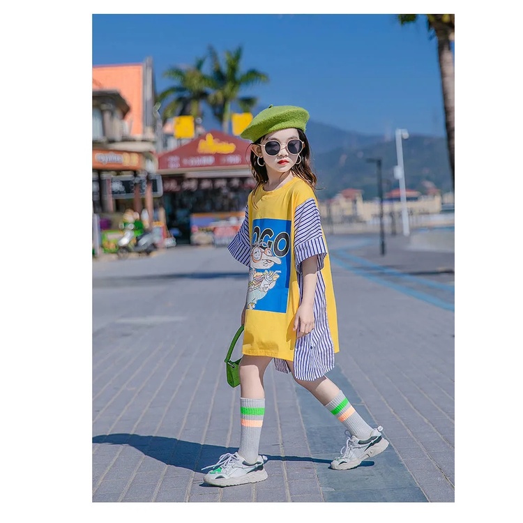 Áo Thun Tay Ngắn Mùa Hè Ghép Vải Sọc Caro Vàng Hợp Thời Trang Cho Bé Gái 7-13 Tuổi