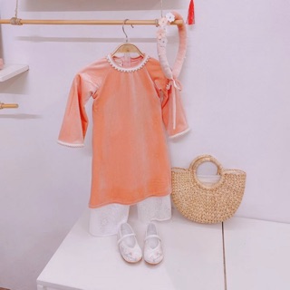 Áo dài nhung hồng cam cho bé gái diện Tết hàng thiết kế cao cấp 7-17kg ( có sẵn )