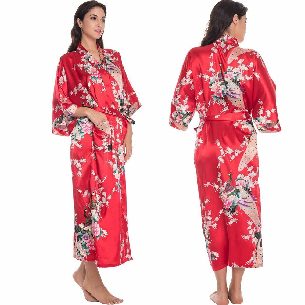 Áo choàng ngủ kimono vải lụa satin in họa tiết hoa và chim công thời trang phối dây thắt lưng