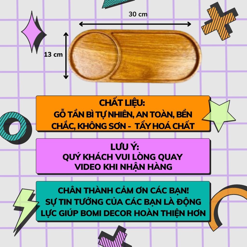 Khay gỗ decor BOMI - Khay gỗ đỏ, gỗ dâu hình bầu dục có chia ô siêu xinh BOMK26
