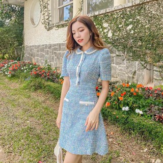 ẢNH THẬT - ĐẦM DẠ TWEED XANH CỔ SEN