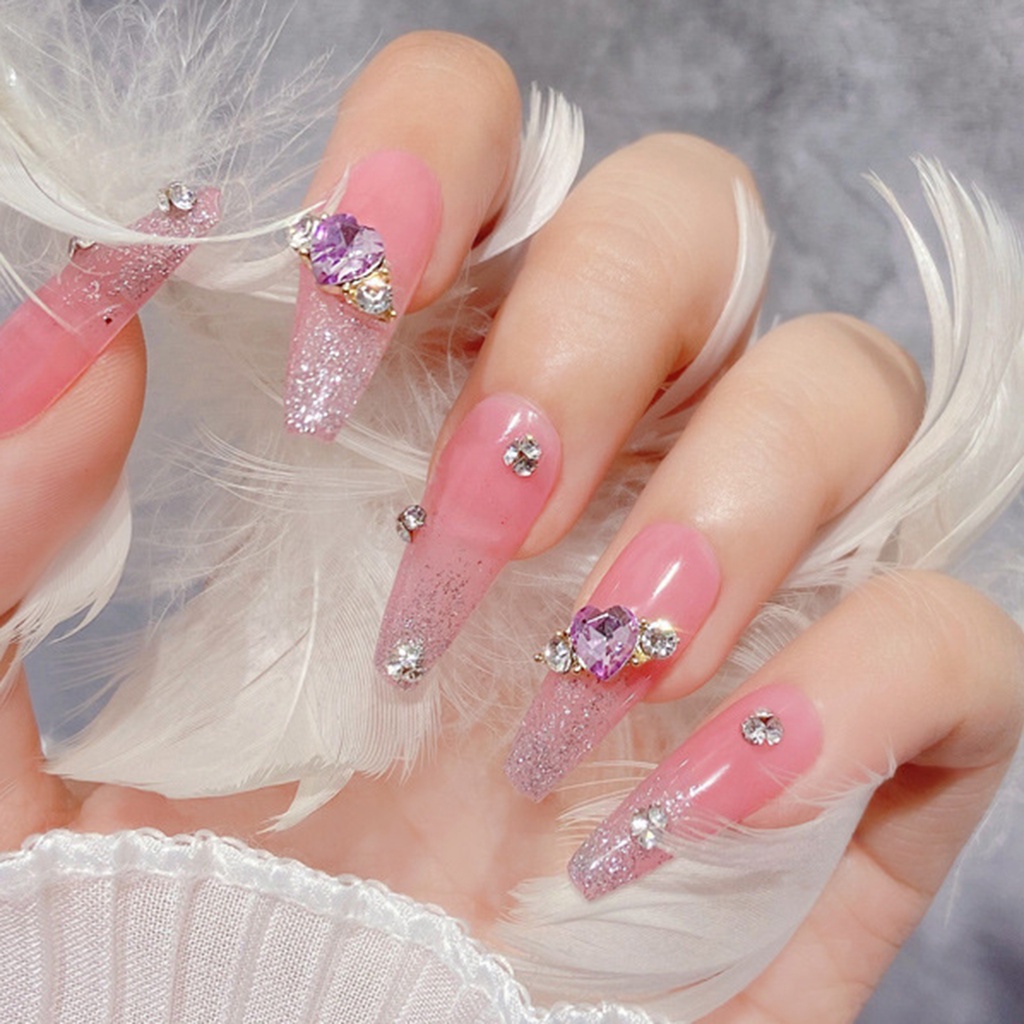 Set 10 Phụ Kiện Trang Trí Móng Tay Bằng Hợp Kim Hình Trái Tim Đính Đá DIY