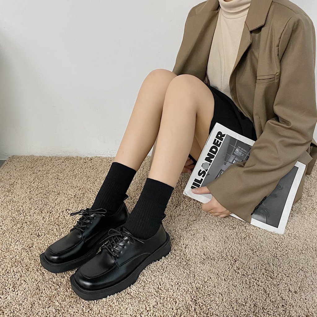 Giày Da Oxford Mũi Vuông Thắt Dây Thời Trang Cho Nữ