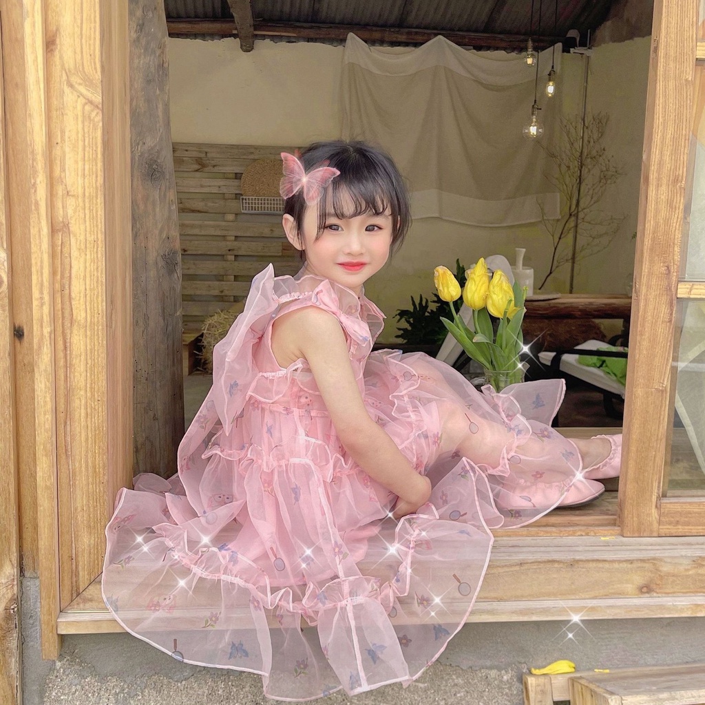 V109 - Váy bé gái voan hồng in hoạ tiết ngộ nghĩnh sz 80-130, váy công chúa cho bé kèm nơ rời