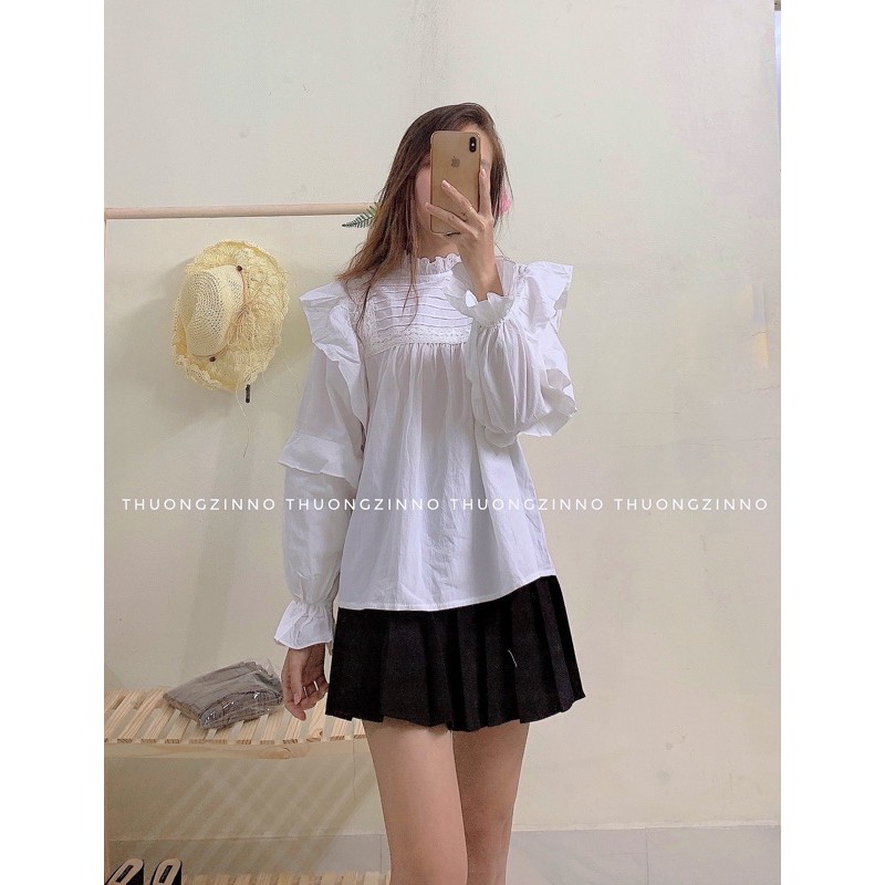 [Ảnh thật/Video]Áo babydoll trắng cánh tiên Ulzzang thiết kế độc lạ Áo sơ mi trắng tay bèo