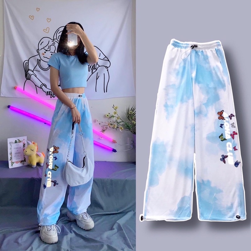 Set Bộ Quần LongPant TIEDYE Loang Màu Phản Quang-Croptop Body Trơn