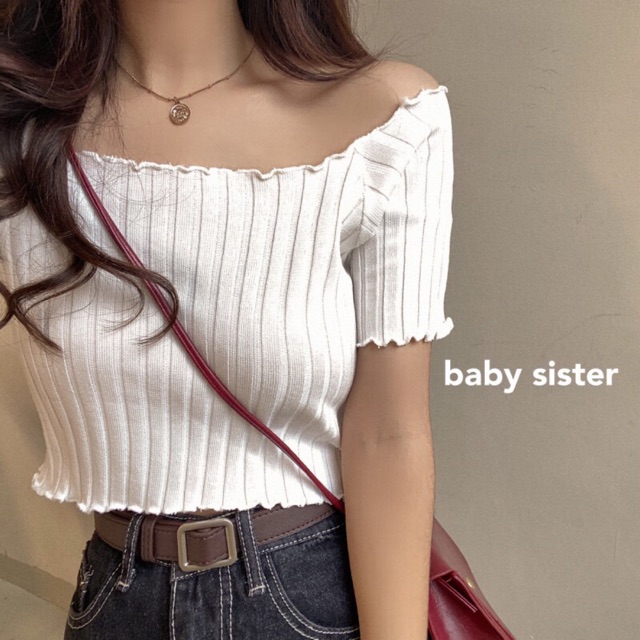 Áo len mông croptop kiểu trễ vai cộc tay (254#)