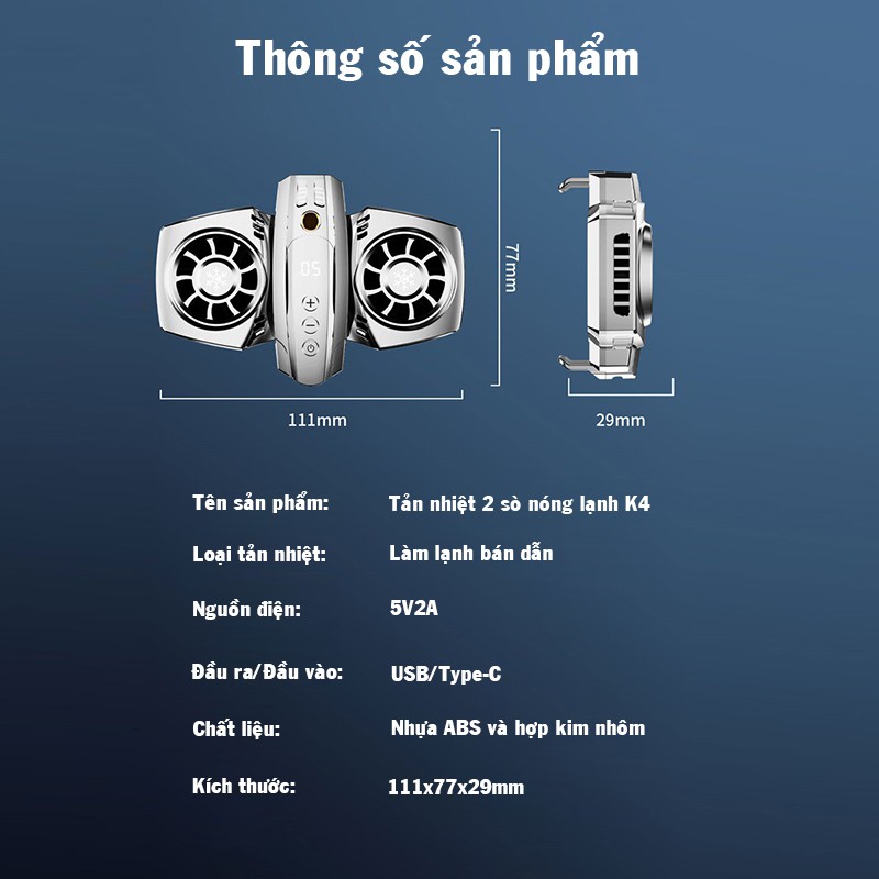 Quạt tản nhiệt sò nóng lạnh 2 quạt dành cho điện thoại- Tản nhiệt sò nóng lạnh K4 FTMOBIE