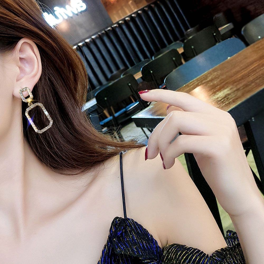 Khuyên tai hình chữ nhật đính đá lấp lánh thời trang sang trọng