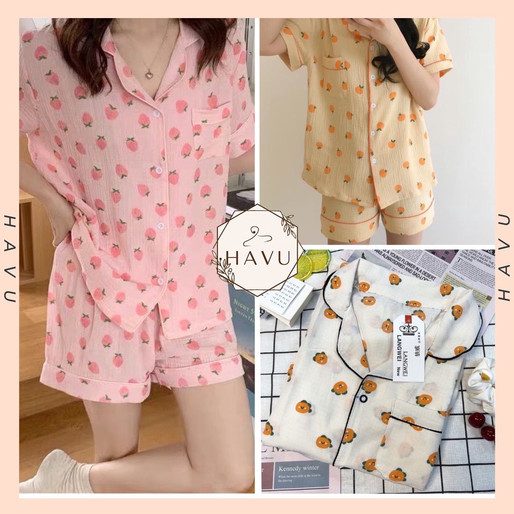 Set pijama vải xốp mặc đi ngủ in hình cute - Bộ áo sơ mi cộc tay quần đùi ống rộng mặc nhà họa tiết dễ thương Ulzzang