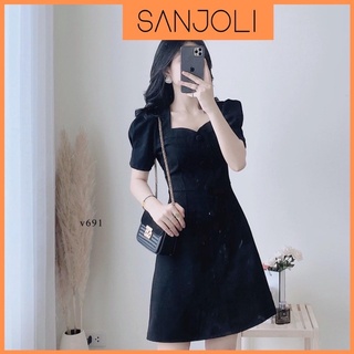 Váy Công Sở Ôm Body SANJOLI Đầm Dự Tiệc Suông Ôm Eo Tay Phồng Nhún Ngực Hàn Quốc Đen Trắng VD021