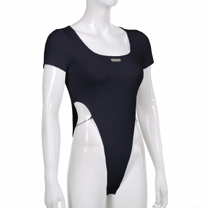 Áo Bodysuit Tay Ngắn Nữ Sexy Khoét Eo Phối Dây Xích LATAD Sang Chảnh Siêu Tôn Dáng Cá Tính Chất Thun Gân Nhẹ Mát - RAN
